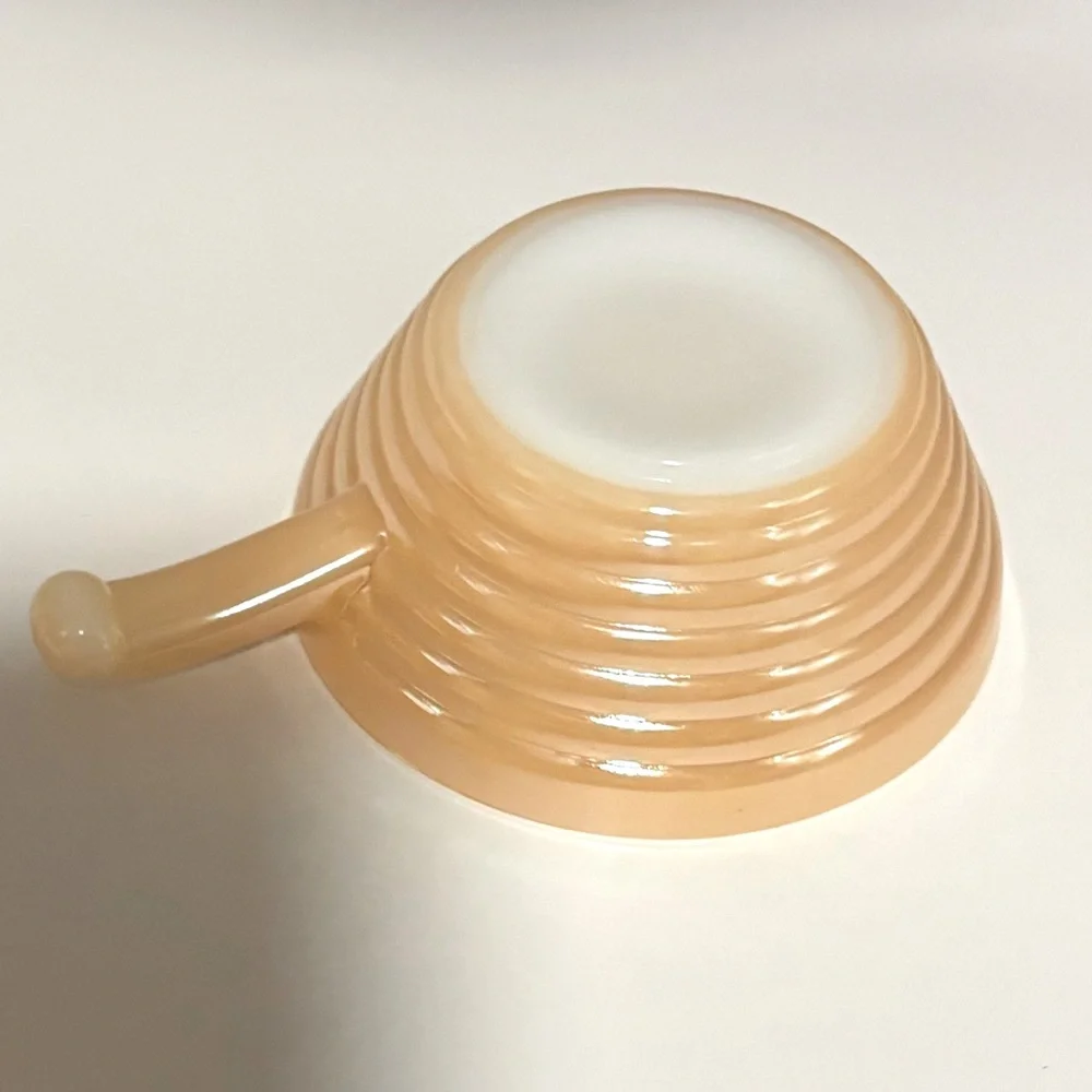 Set of 4 Fire King Oven Ware Ribbed Handled Soup Bowl Peach Beehive Vintage
